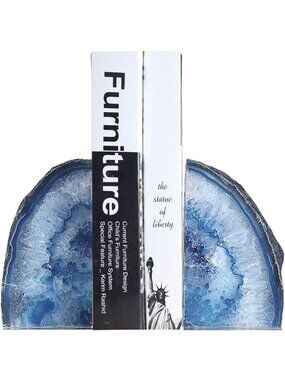 Blue Agate Geode Bookends with Anti-Slip Rubber Bumpers | Home Decor Accent